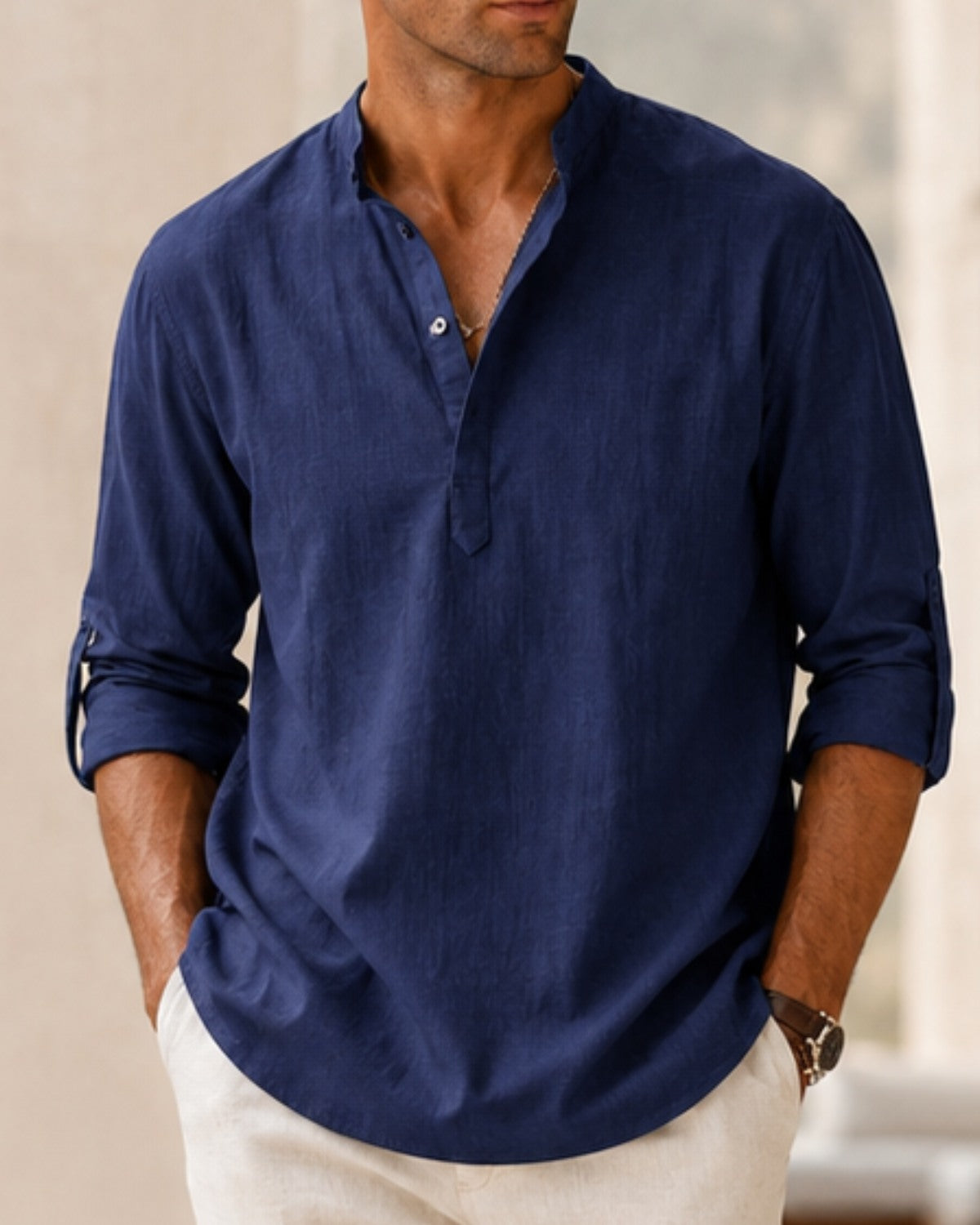 Camisa Gola Padre Manga Longa em Algodão - Amalfi
