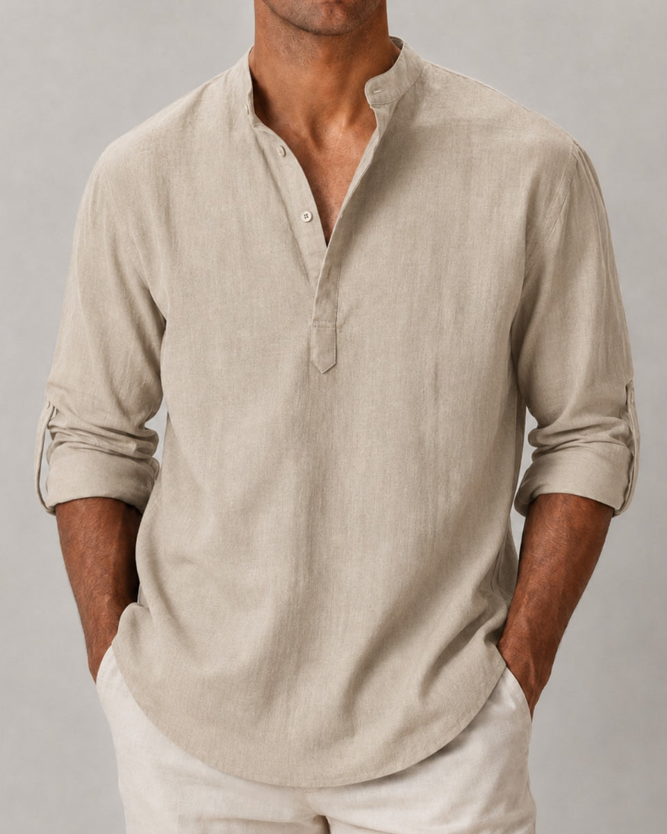 Camisa Gola Padre Manga Longa em Algodão - Amalfi