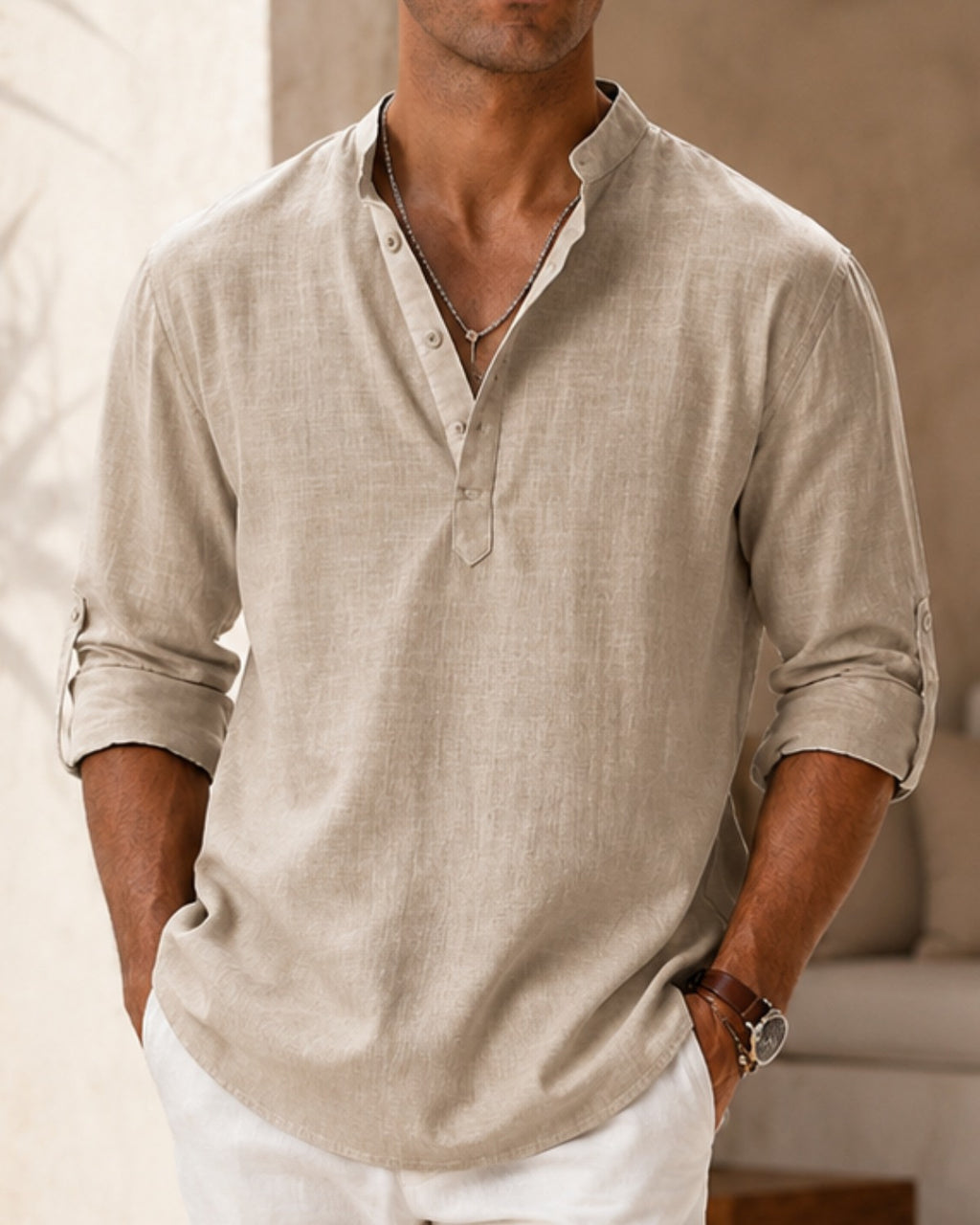 Camisa Gola Padre Manga Longa em Algodão - Amalfi