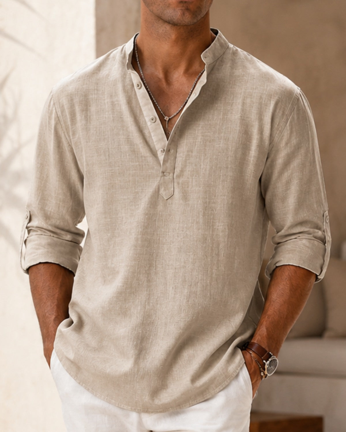 Camisa Gola Padre Manga Longa em Algodão - Amalfi